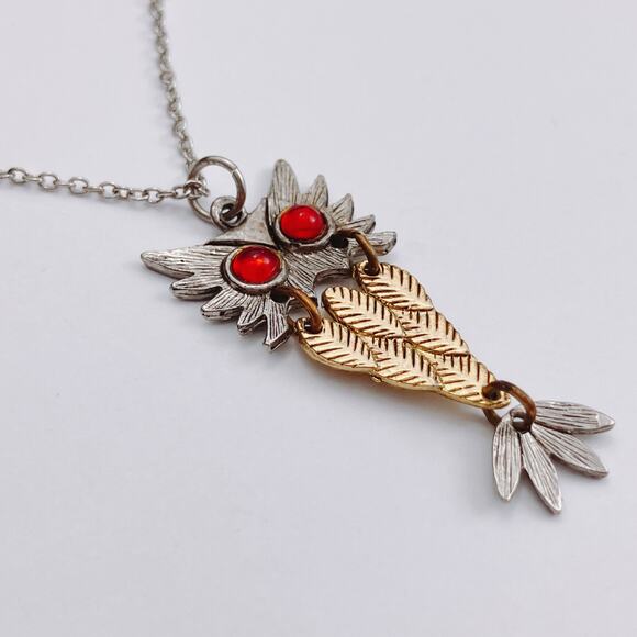 VTG Mid Century Owl Pendant Necklace Red Cabochon Eyes Mixed Metal 1970s - Picture 3 of 8